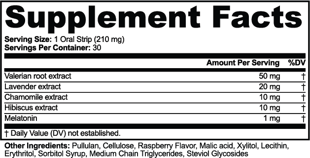 Supplement Facts and ingredients label for FIT APE Raspberry Sleep Strips