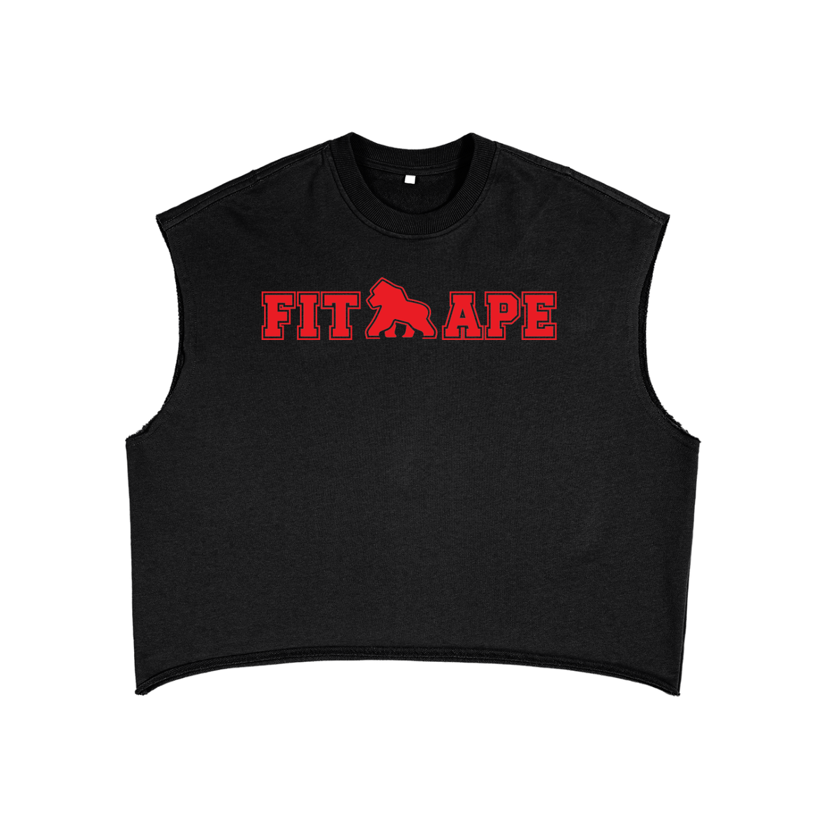 Black FIT APE boxy tank top with red chest lettering, front view