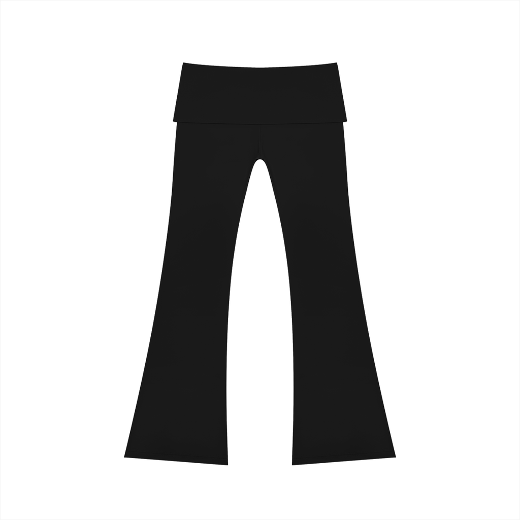 Black FIT APE flared yoga pants with fold-over waistband, back view