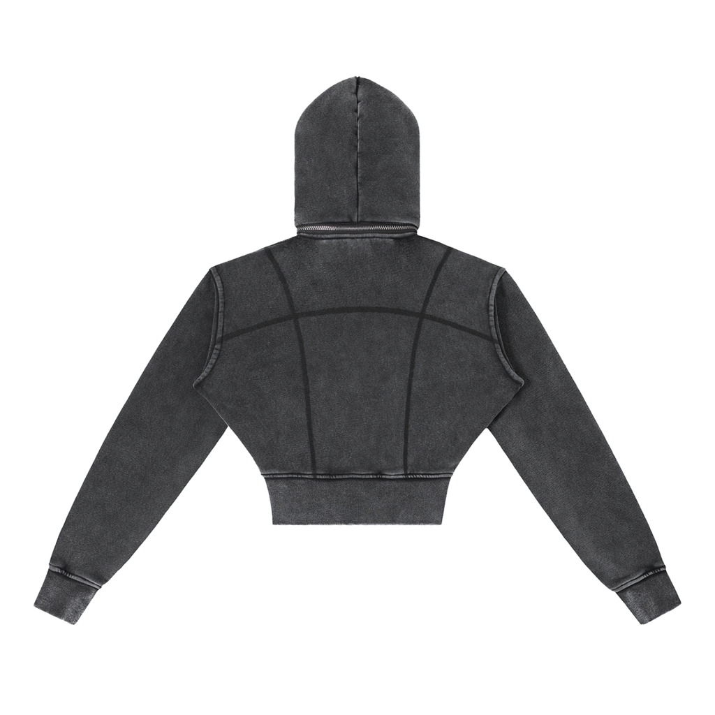 Washed charcoal FIT APE women's fitted cropped zip hoodie with curved seams, back view