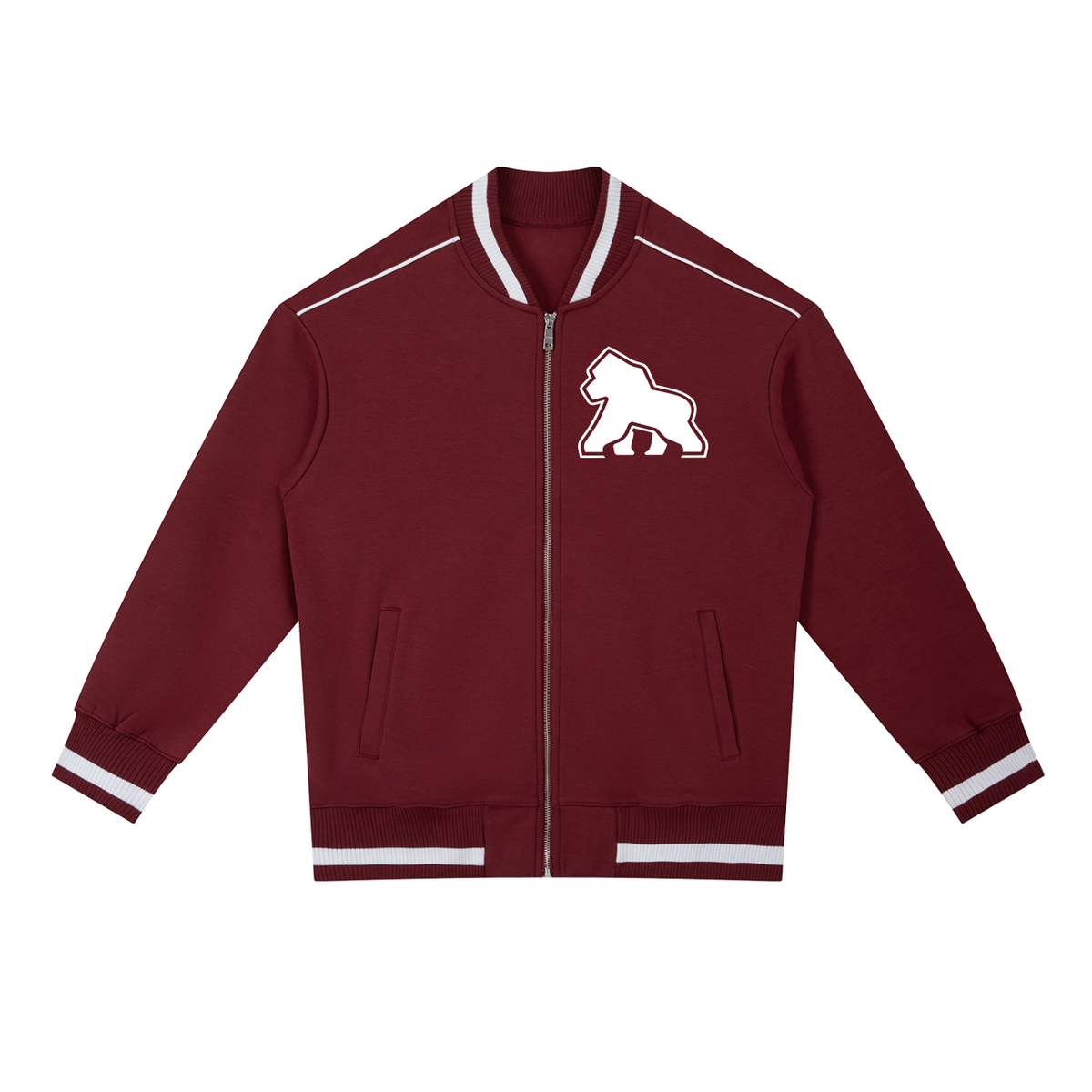 Burgundy FIT APE zip bomber jacket with white striped trim and chest gorilla, front view