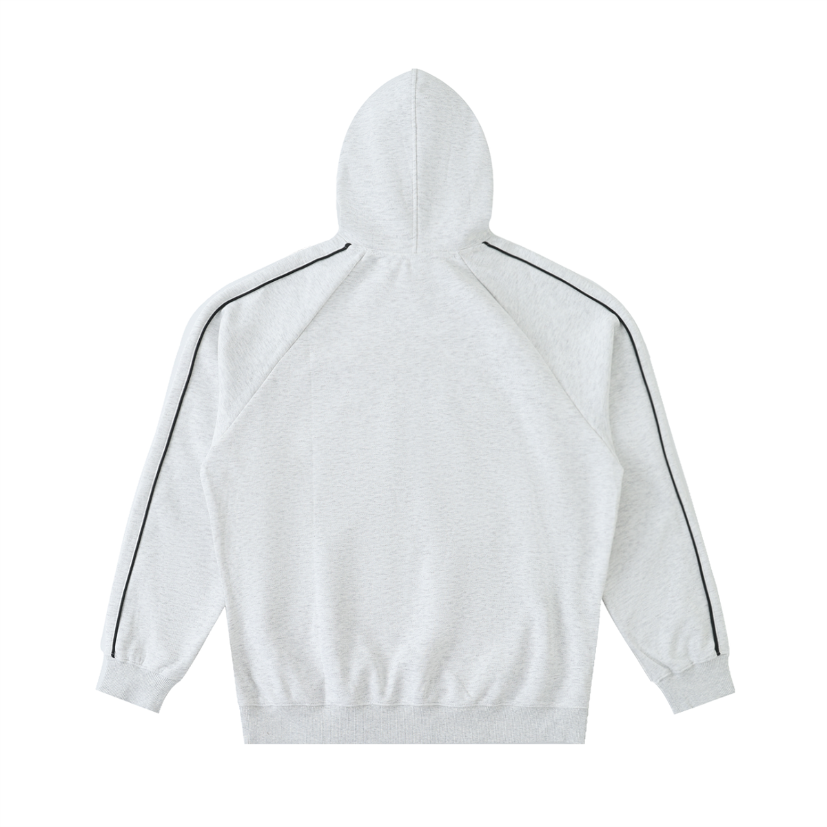Light gray FIT APE Pipeline raglan hoodie with dark sleeve piping, back view