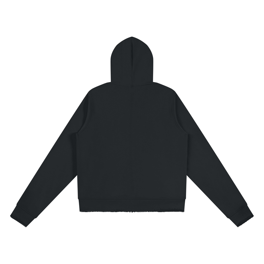 Black FIT APE women's raw-edge full-zip hoodie, plain back view