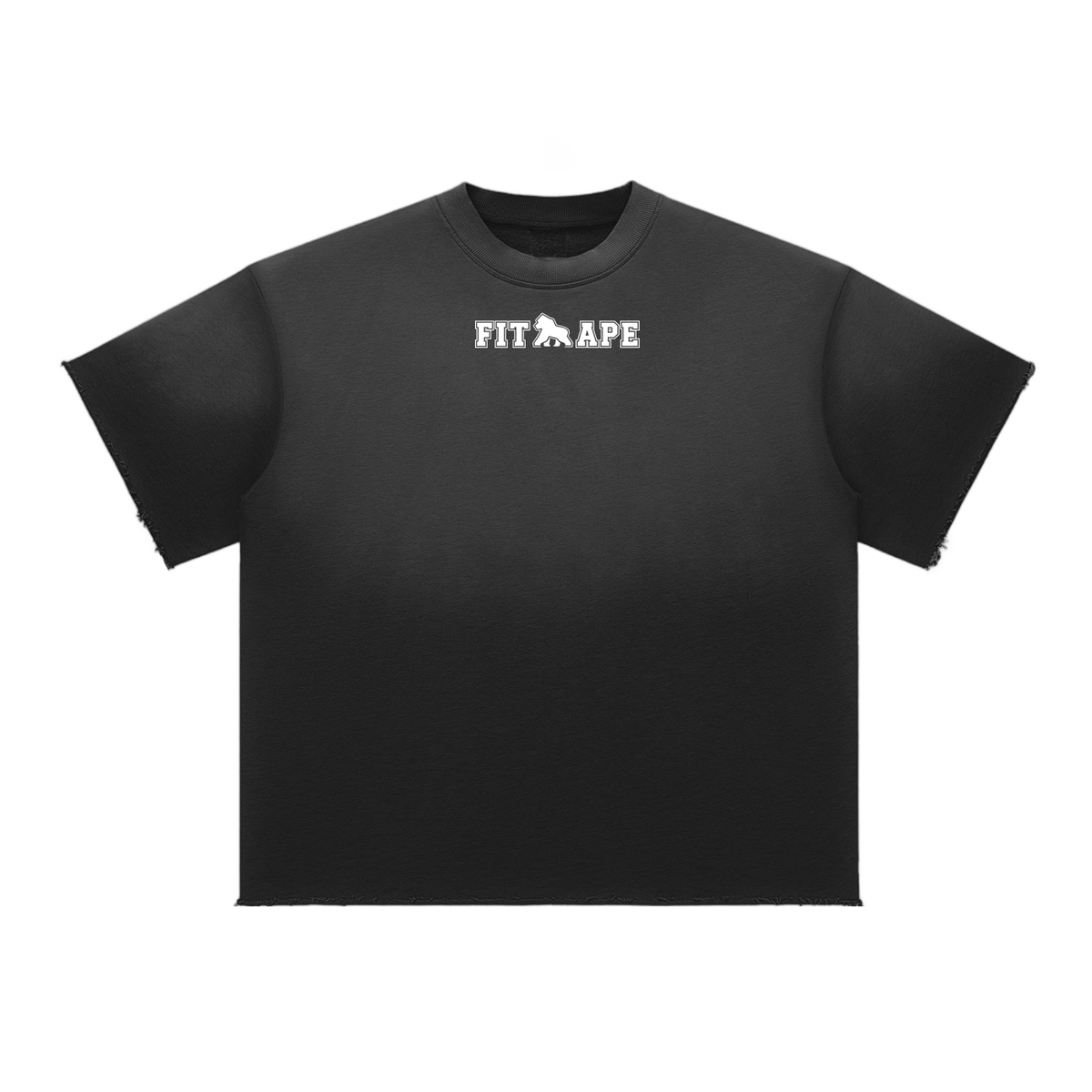 Black FIT APE raw-edge tee with small white chest lettering, front view
