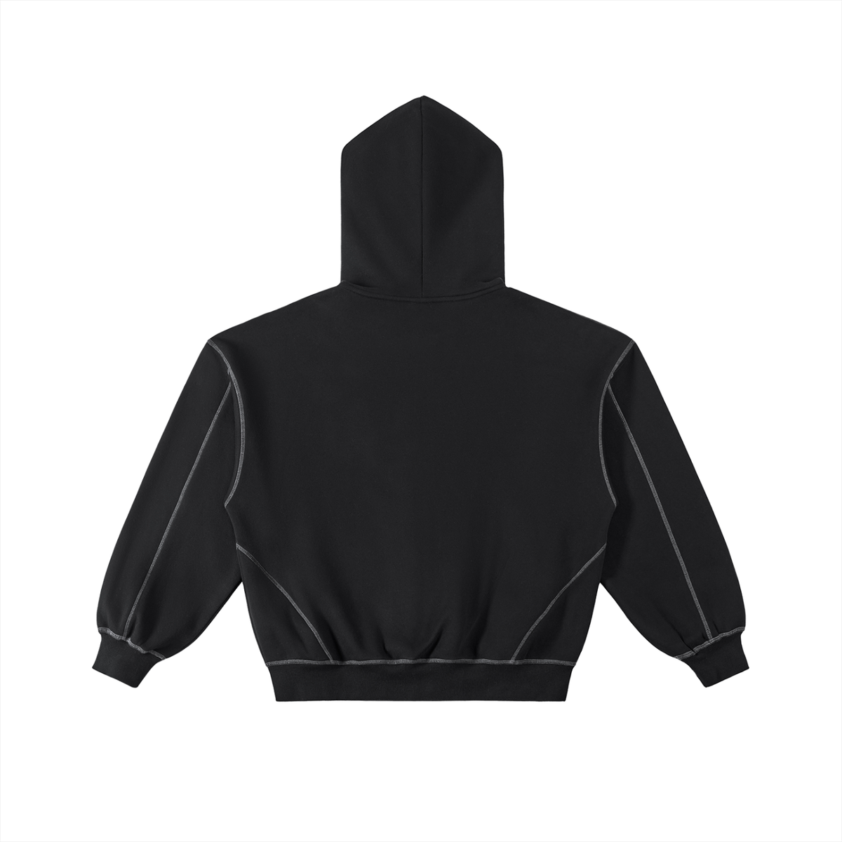 Black FIT APE men's zip hoodie with white contrast stitching, back view