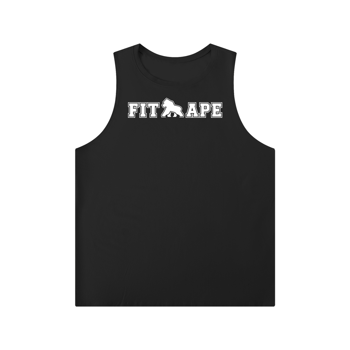 Black FIT APE men's crewneck tank top with white chest lettering, front view