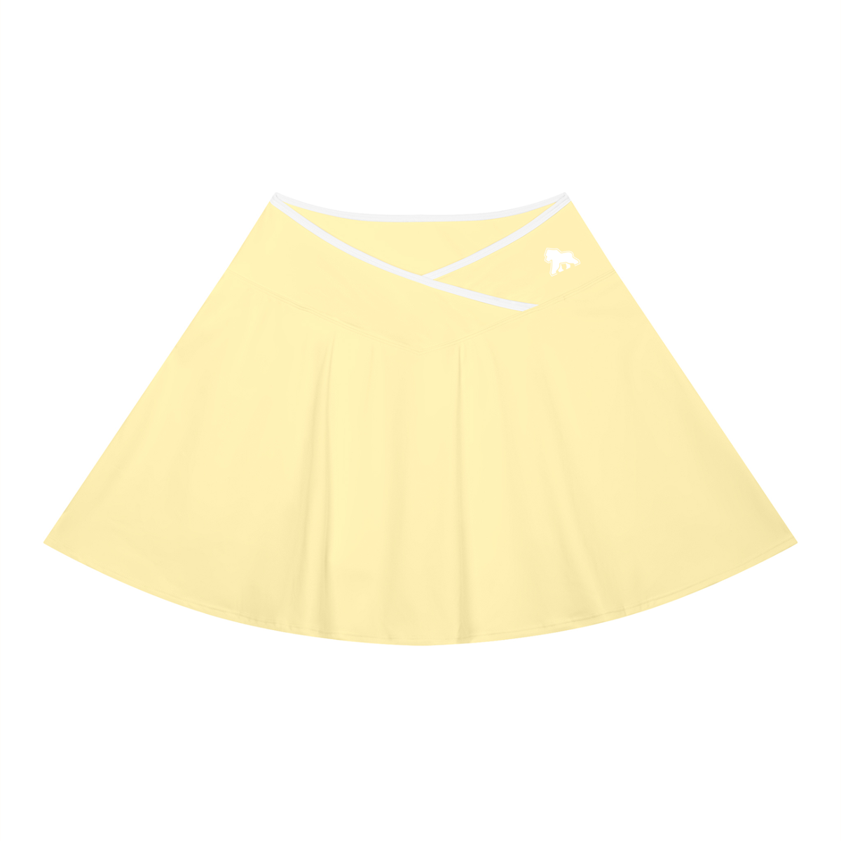 Pale yellow FIT APE A-line skirt with white crossover waist trim and gorilla, front view