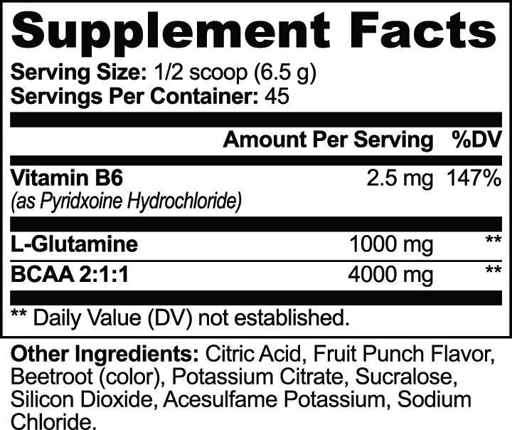 Supplement Facts and ingredients label for FIT APE Fruit Punch BCAA Shock Powder