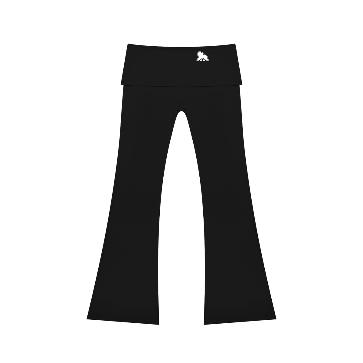 Black FIT APE flared yoga pants with fold-over waistband and white gorilla, front view