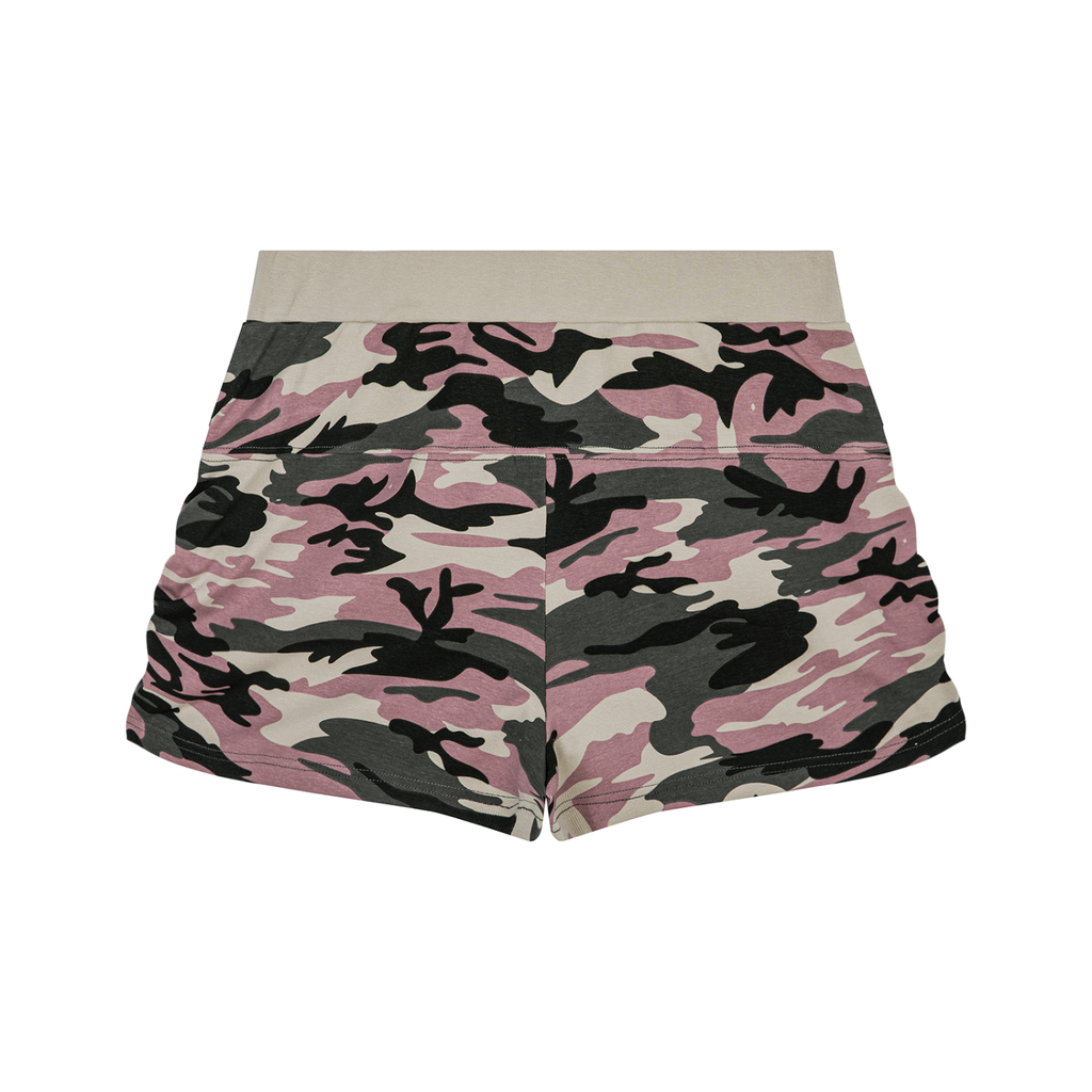 Pink and black FIT APE women's camouflage shorts, back view