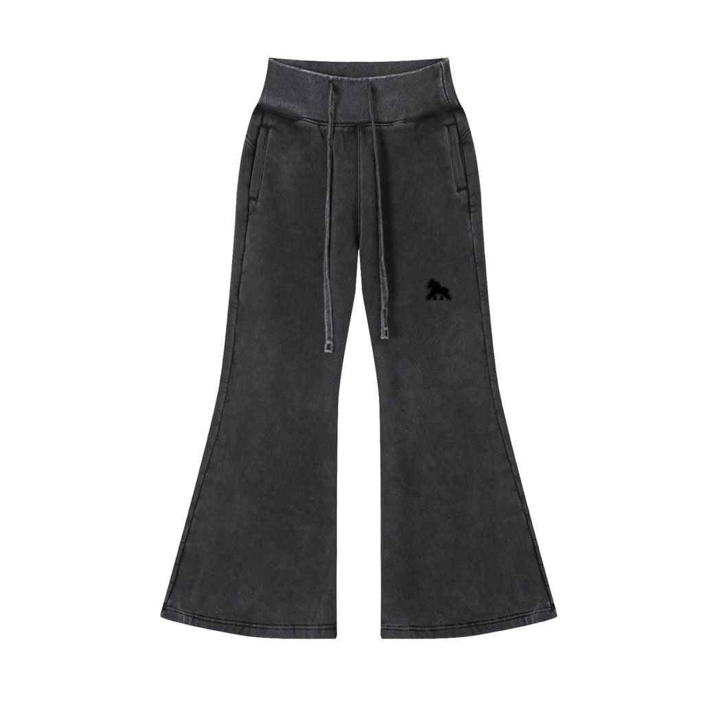 Washed charcoal FIT APE women's flared fleece pants with drawstrings and black gorilla, front view