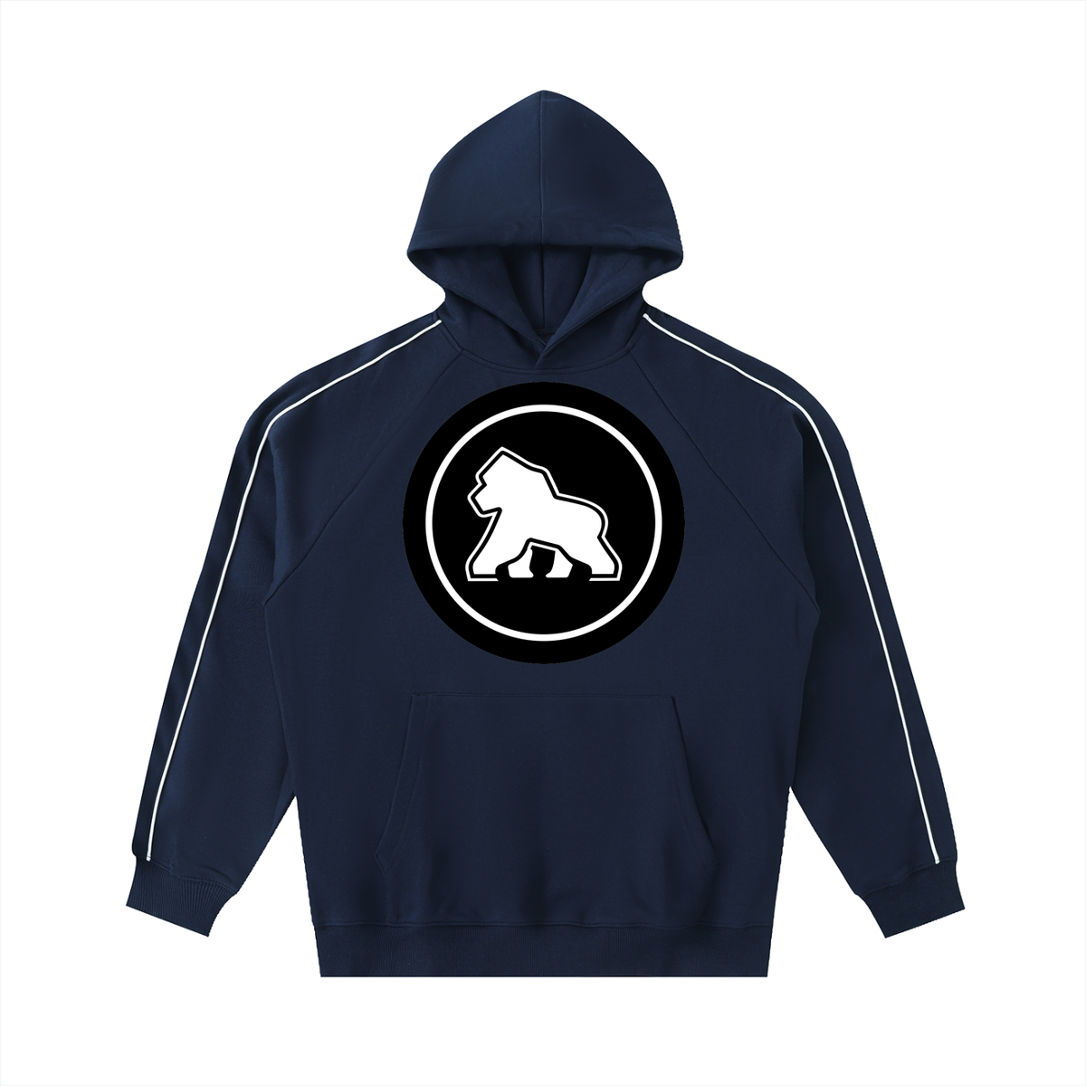 Navy FIT APE Pipeline raglan hoodie with white sleeve piping and round gorilla emblem, front view