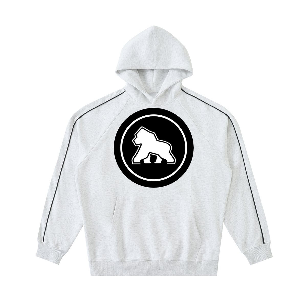 Light gray FIT APE Pipeline raglan hoodie with dark sleeve piping and round gorilla emblem, front view