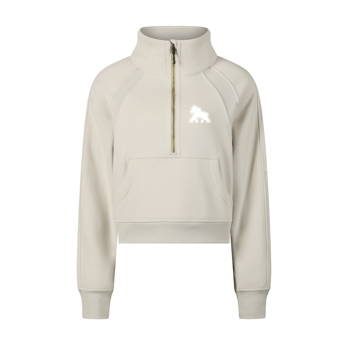 Cream FIT APE cropped half-zip sweatshirt with white chest gorilla, front view