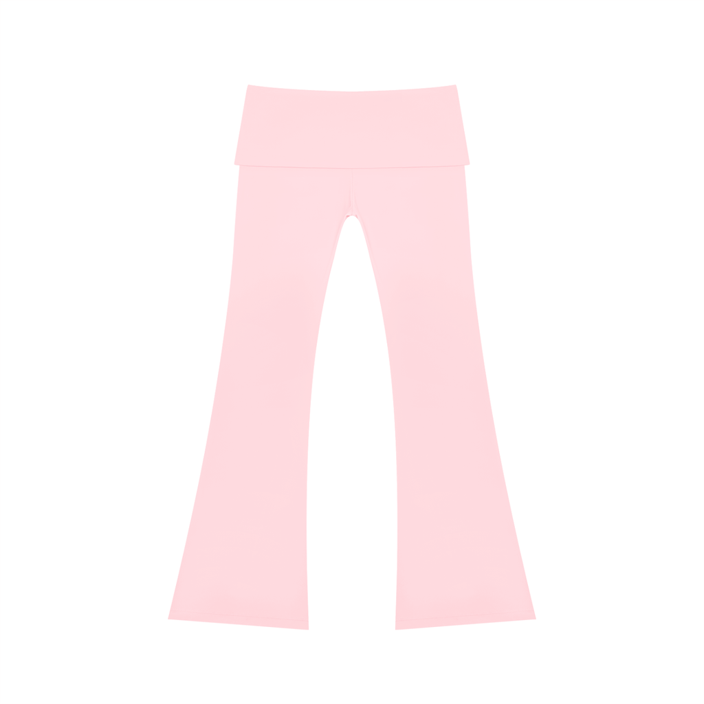 Pale pink FIT APE flared yoga pants with fold-over waistband, back view