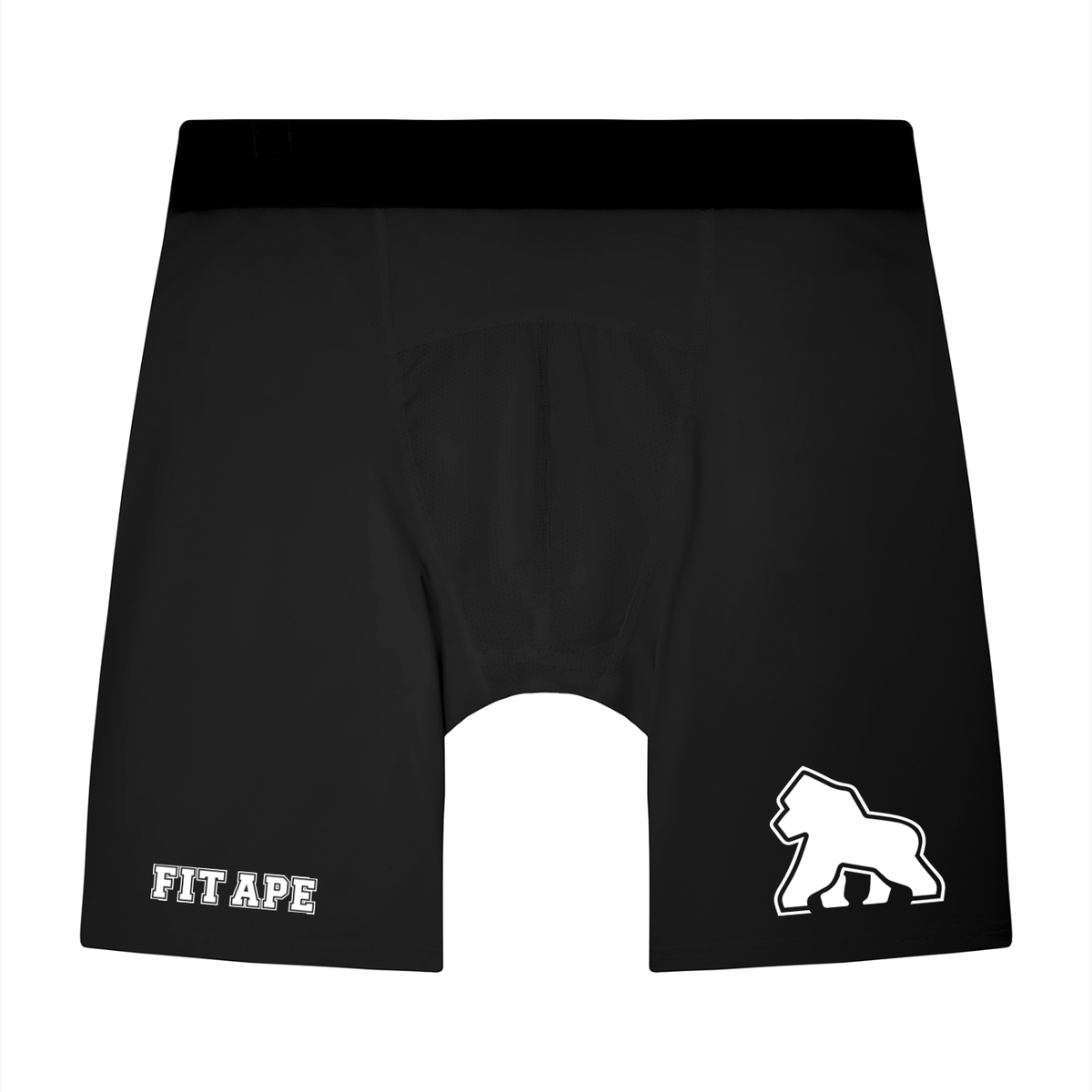 Black FIT APE men's fitted cycling shorts with white lettering and gorilla, front view