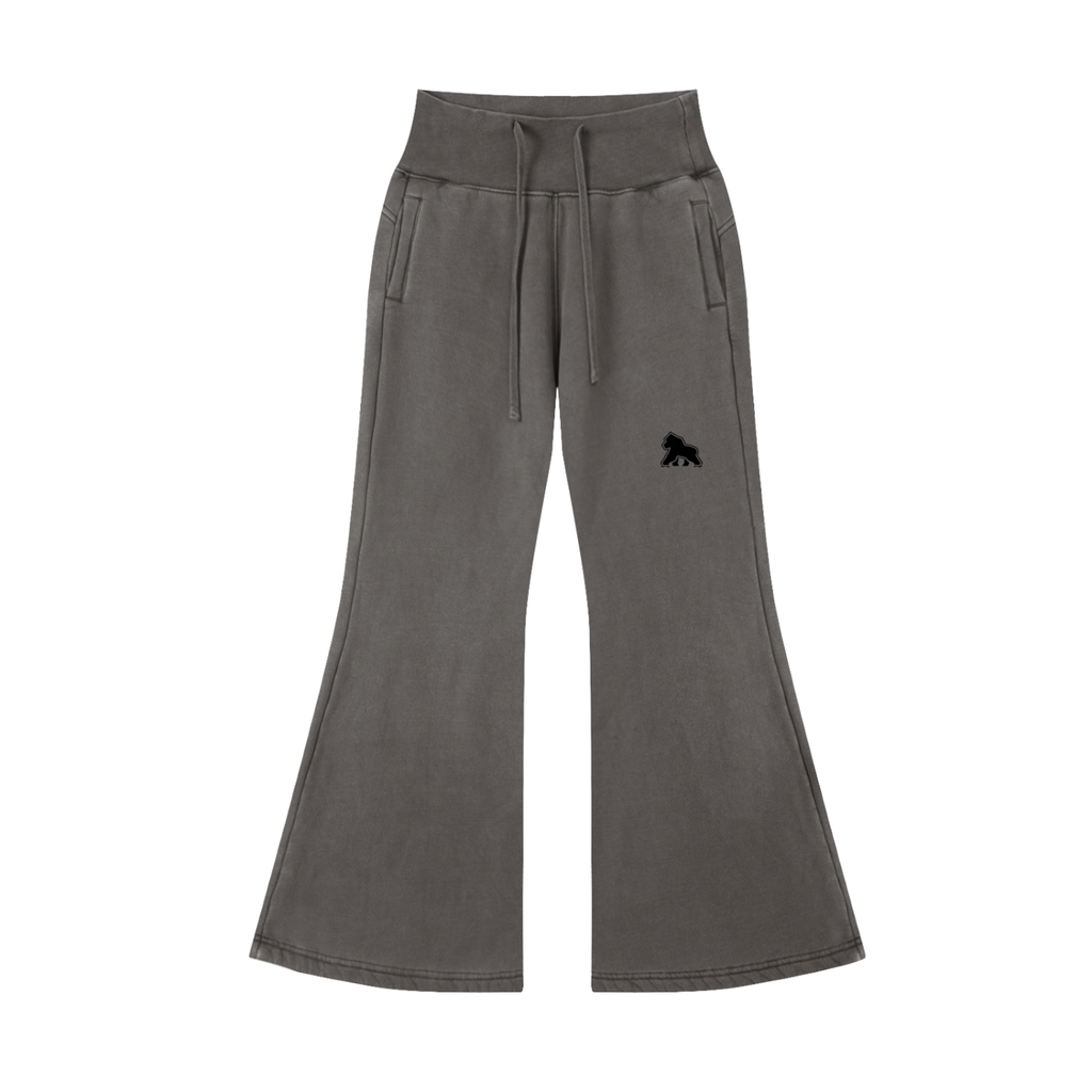 Washed gray FIT APE women's flared fleece pants with drawstrings and black gorilla, front view