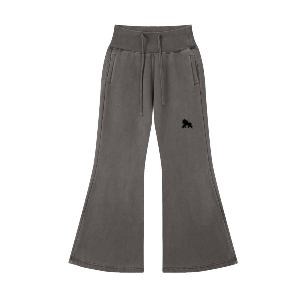 Washed gray FIT APE women's flared fleece pants with drawstrings and black gorilla, front view