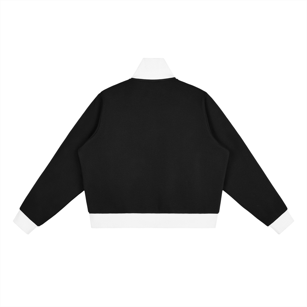 Black FIT APE cropped track jacket with white collar, cuffs, and hem, back view