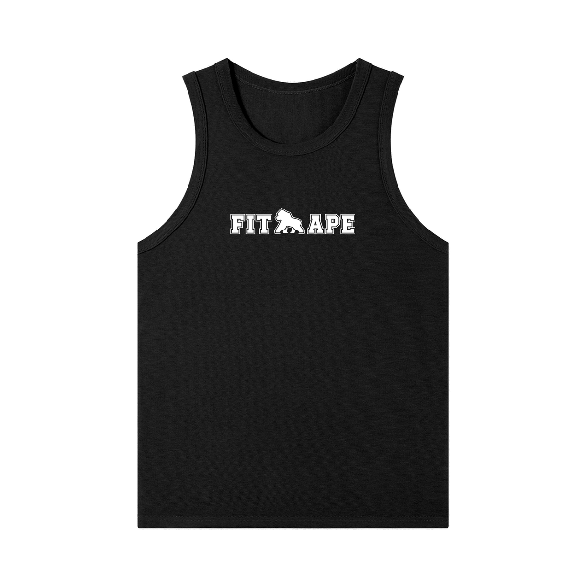 Black FIT APE men's ribbed tank top with white chest lettering, front view