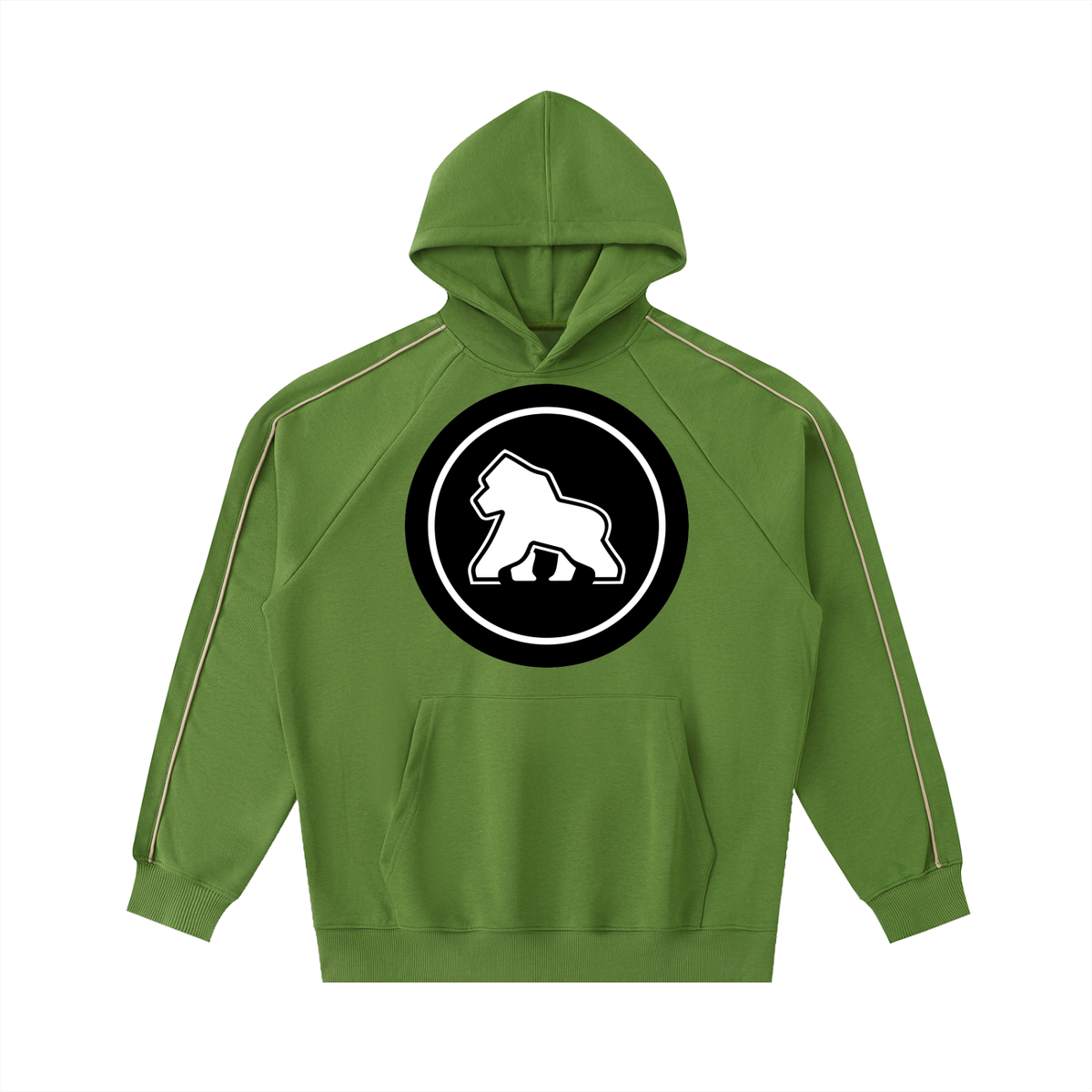 Green FIT APE Pipeline raglan hoodie with contrast sleeve piping and round gorilla emblem, front view