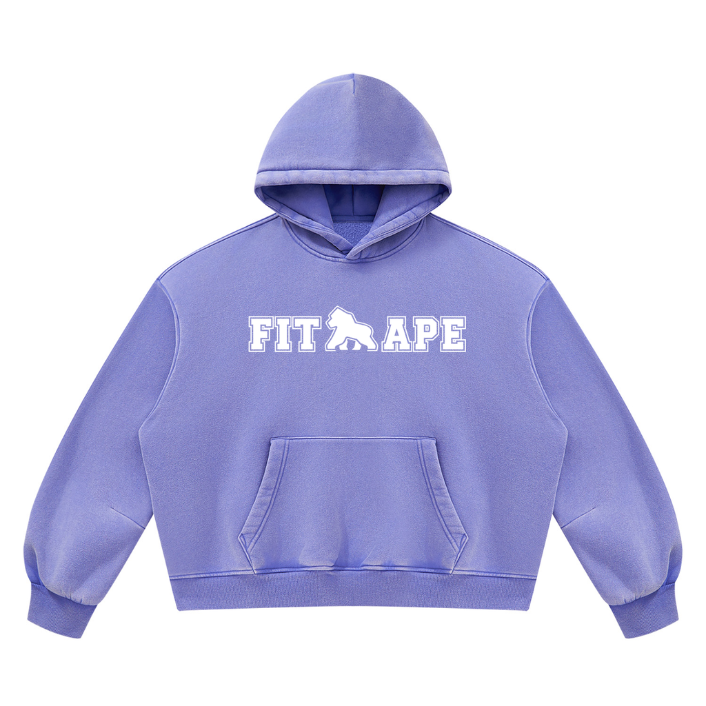 Purple FIT APE vintage-wash boxy hoodie with white chest lettering, front view