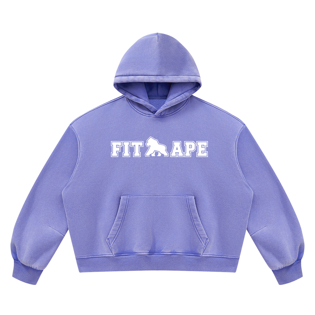 Purple FIT APE vintage-wash boxy hoodie with white chest lettering, front view