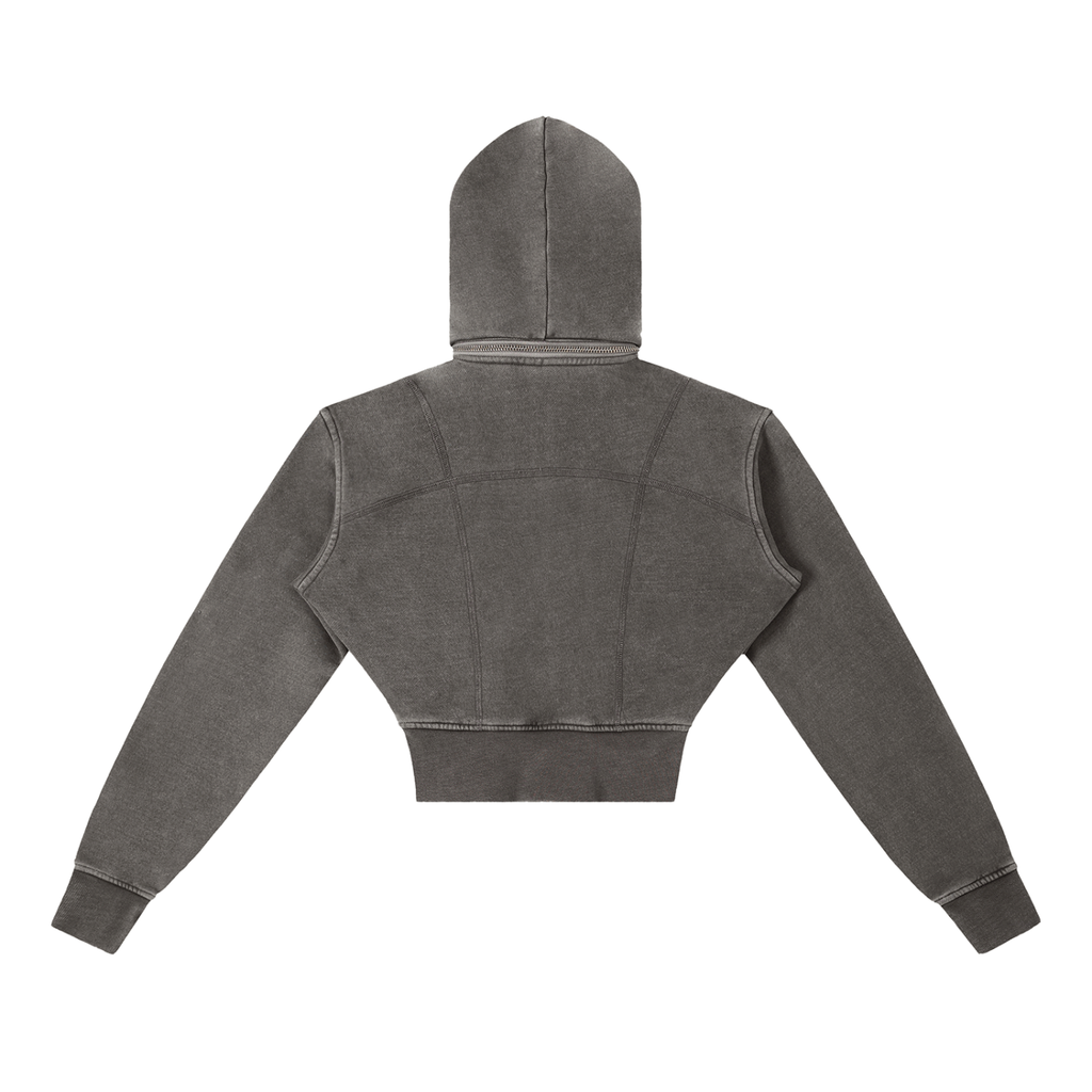 Washed gray FIT APE women's fitted cropped zip hoodie with curved seams, back view