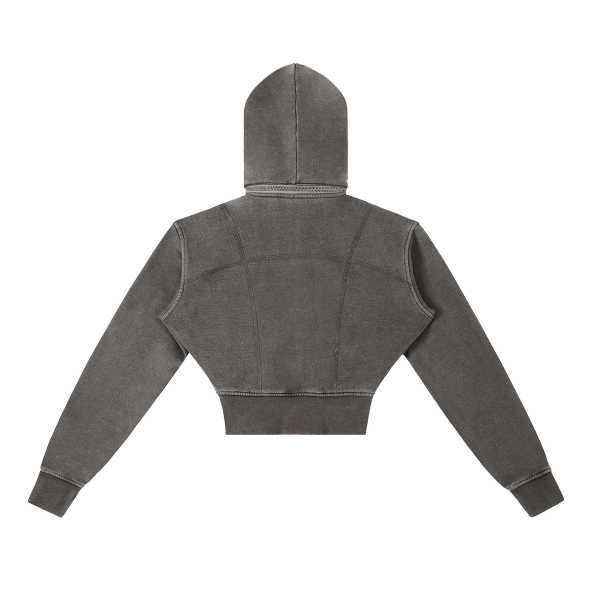 Washed gray FIT APE women's fitted cropped zip hoodie with curved seams, back view