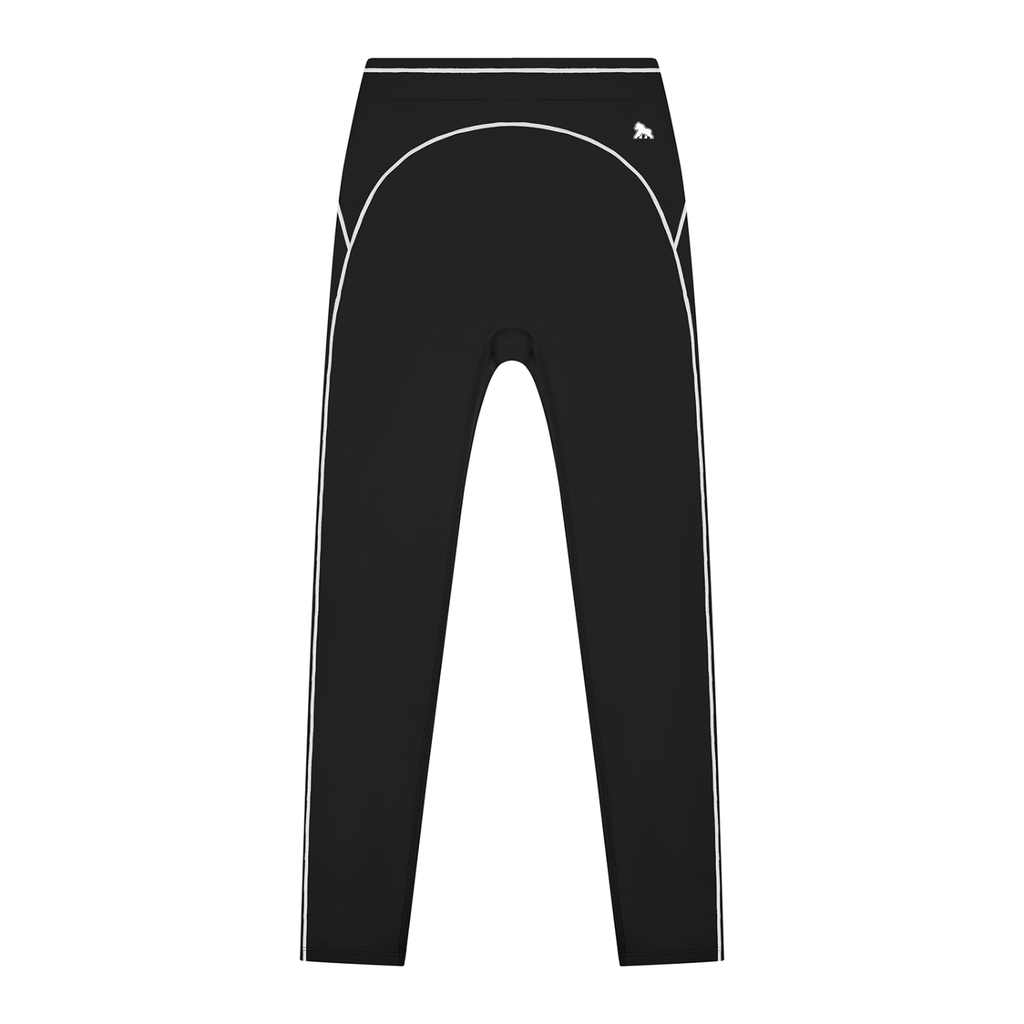 Black FIT APE women's high-rise leggings with white contrast stitching, front view