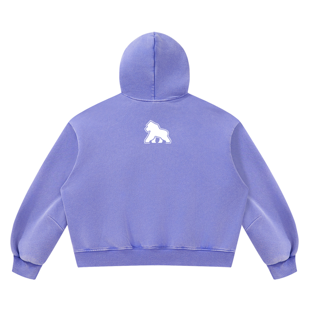 Purple FIT APE vintage-wash boxy hoodie with white gorilla, back view