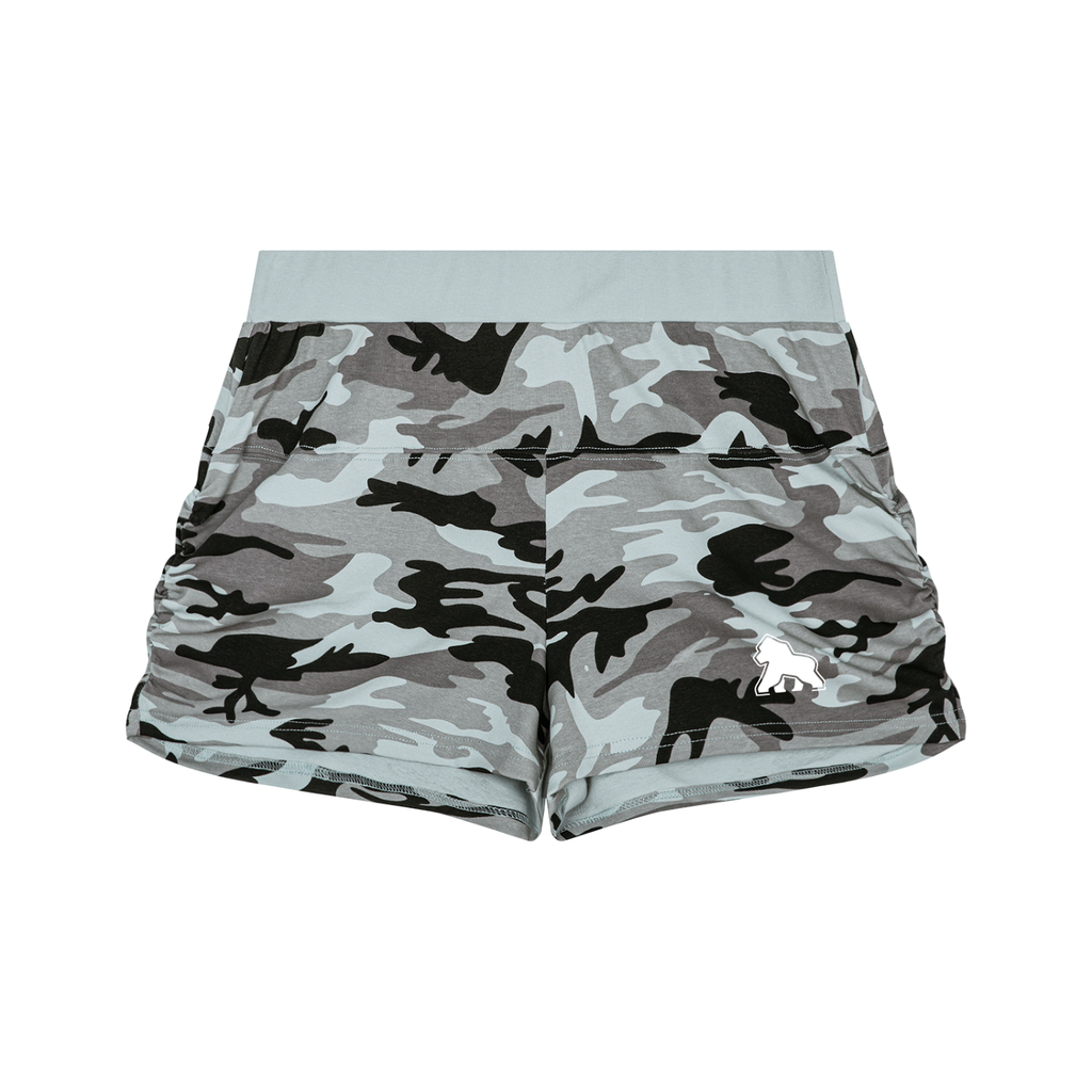 Gray and black FIT APE women's camouflage shorts with white gorilla logo, front view