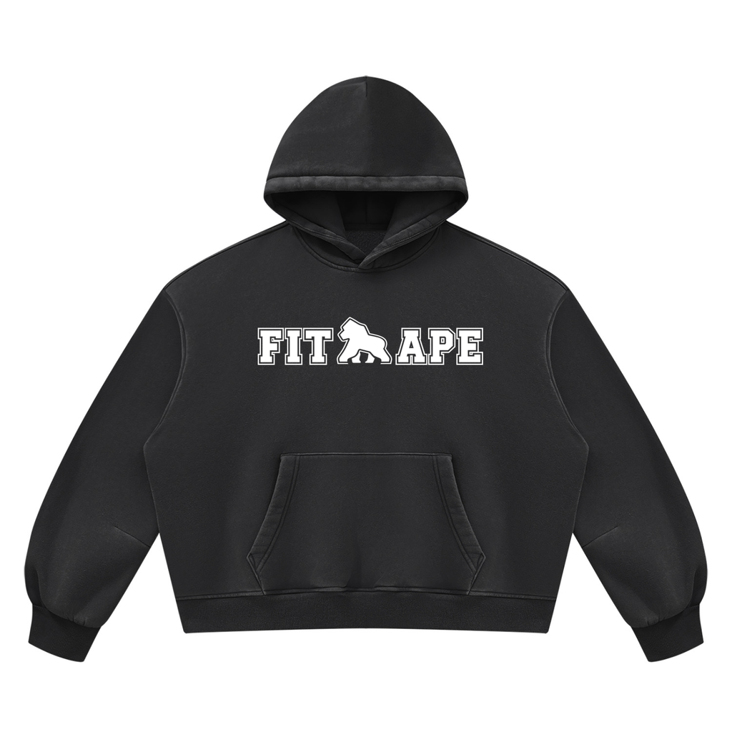 Black FIT APE vintage-wash boxy hoodie with white chest lettering, front view