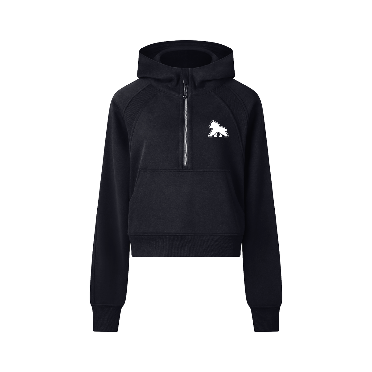 Black FIT APE cropped half-zip hoodie with white chest gorilla, front view