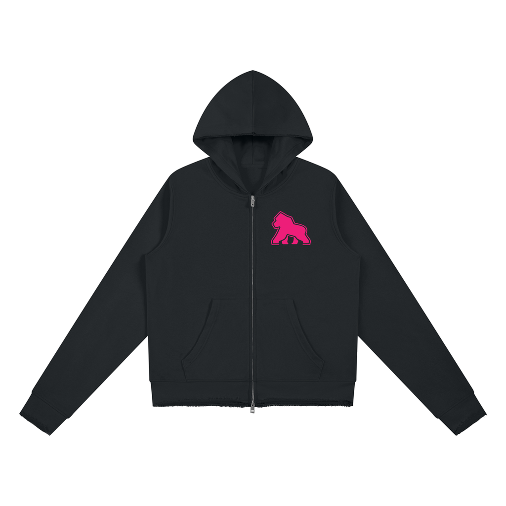 Black FIT APE women's raw-edge full-zip hoodie with pink chest gorilla, front view