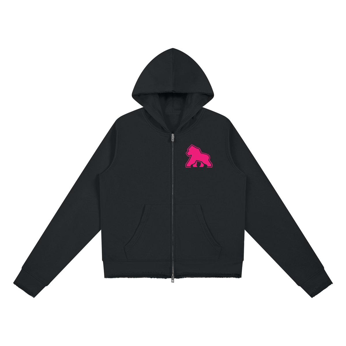 Black FIT APE women's raw-edge full-zip hoodie with pink chest gorilla, front view