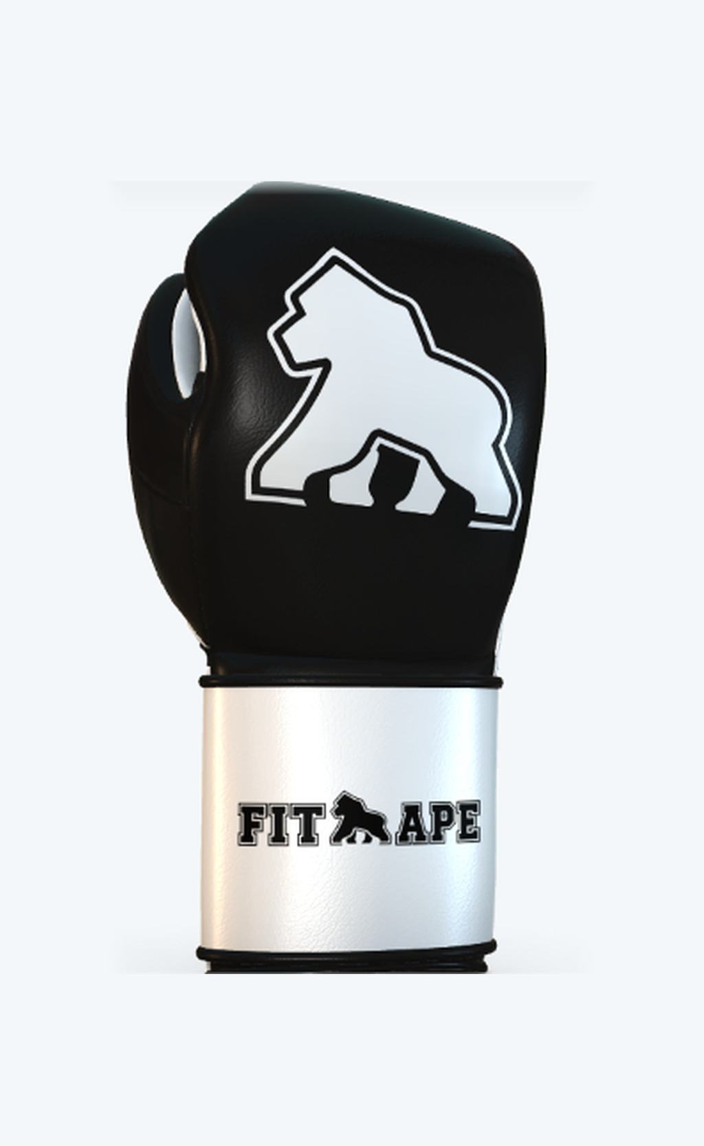 Black FIT APE boxing glove with large white gorilla and white wrist cuff, backhand view