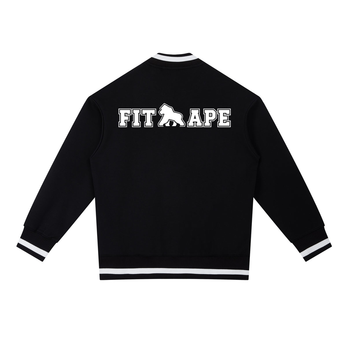 Black FIT APE zip bomber jacket with white trim and large back lettering, back view