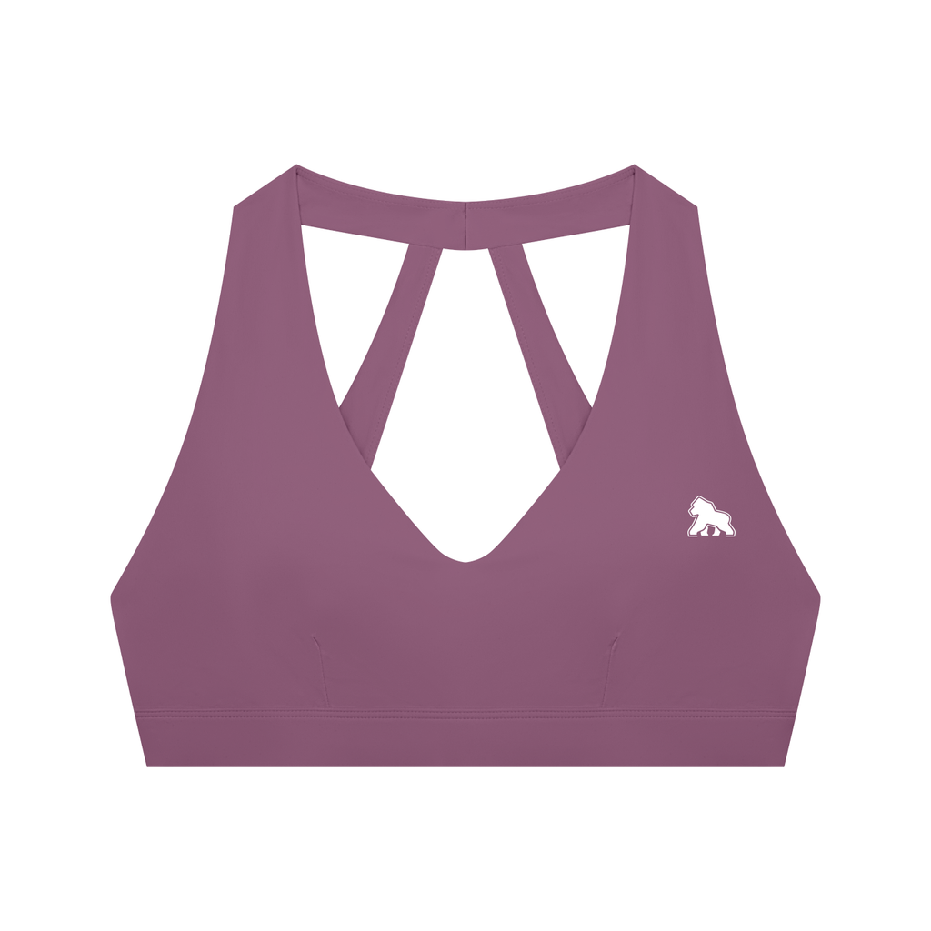 Mauve FIT APE halter sports bra with cutout straps and white gorilla, front view