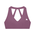 Mauve FIT APE halter sports bra with cutout straps and white gorilla, front view