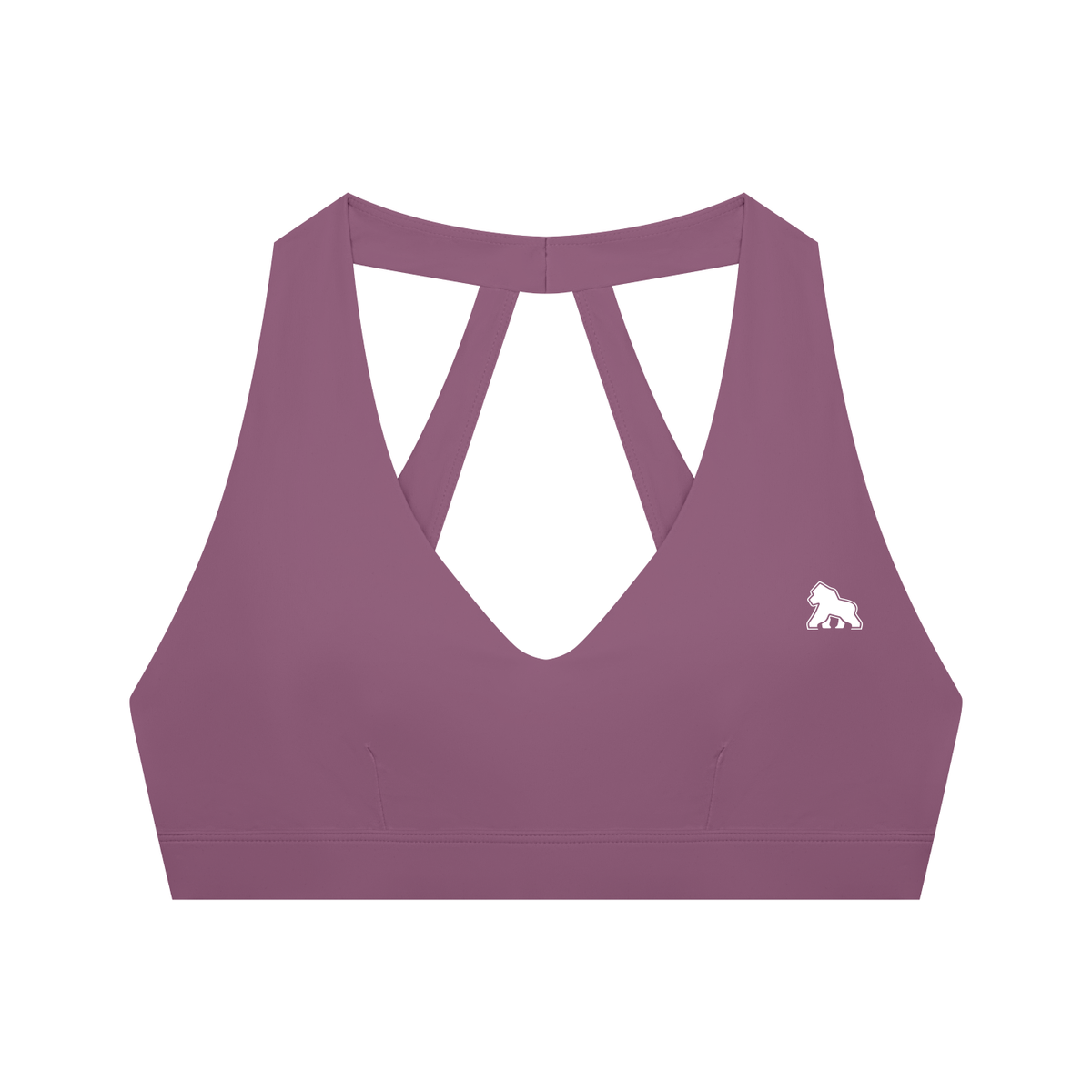 Mauve FIT APE halter sports bra with cutout straps and white gorilla, front view
