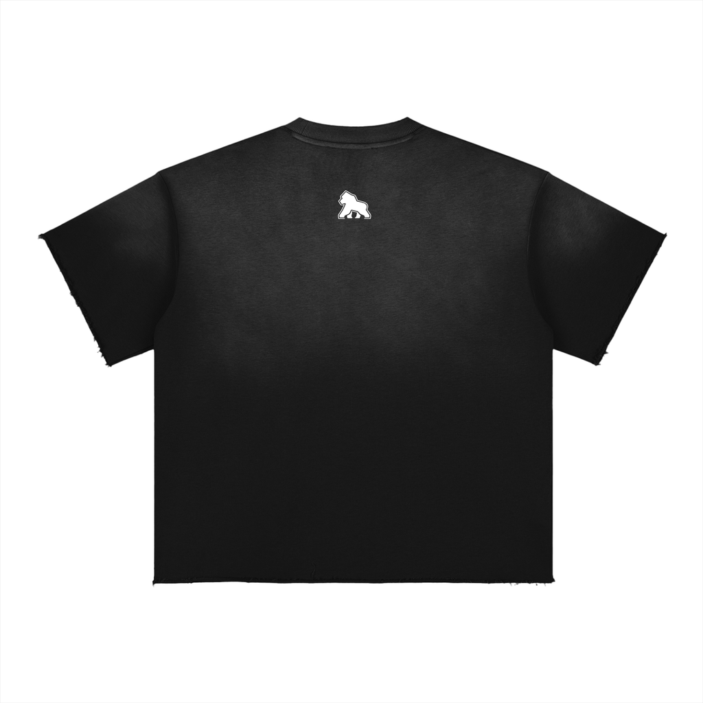Black FIT APE raw-edge tee with small white upper-back gorilla, back view