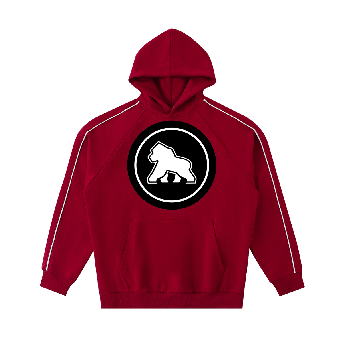 Red FIT APE Pipeline raglan hoodie with contrast sleeve piping and round gorilla emblem, front view