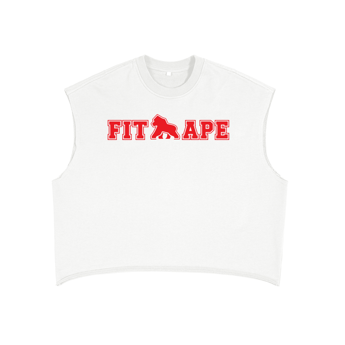 White FIT APE boxy tank top with red chest lettering, front view
