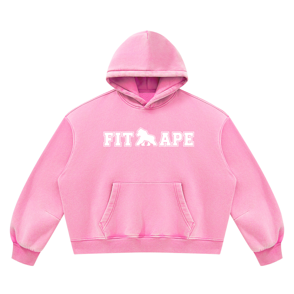 Pink FIT APE vintage-wash boxy hoodie with white chest lettering, front view