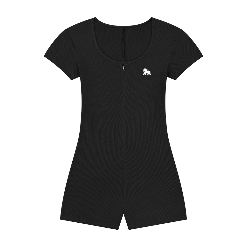 Black FIT APE fitted short-sleeve romper with scoop neck and white chest gorilla, front view