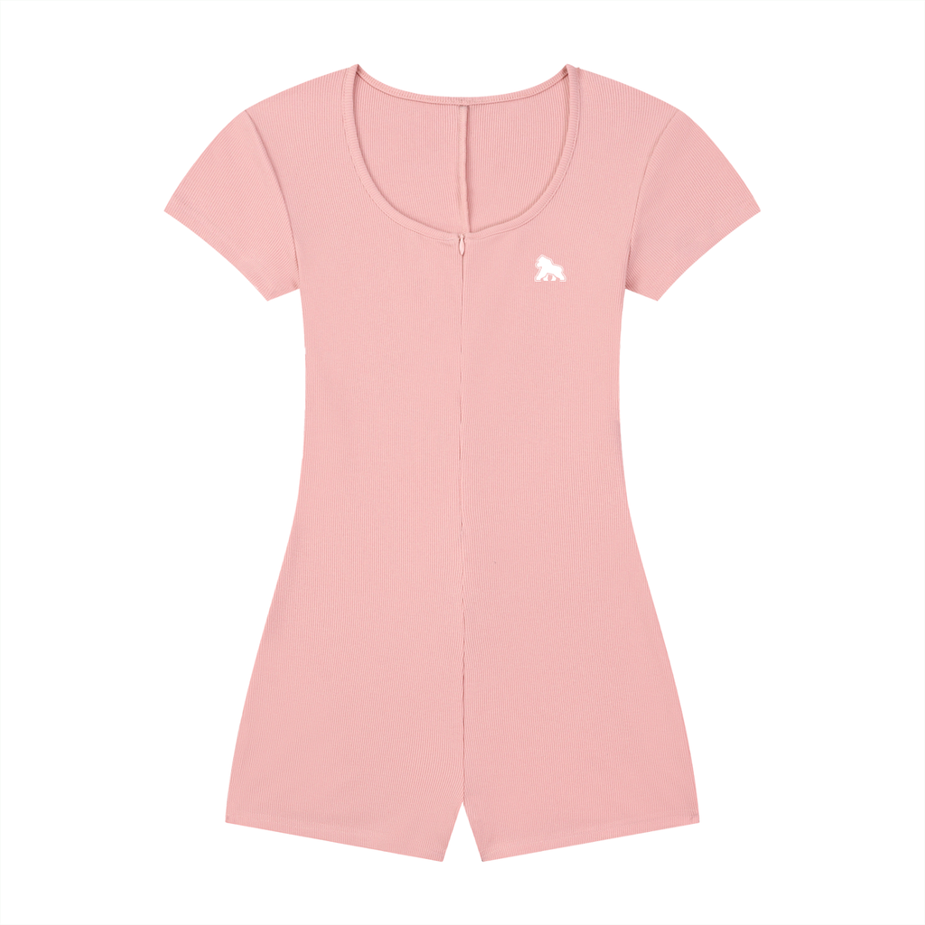 Pink FIT APE fitted short-sleeve romper with scoop neck and white chest gorilla, front view