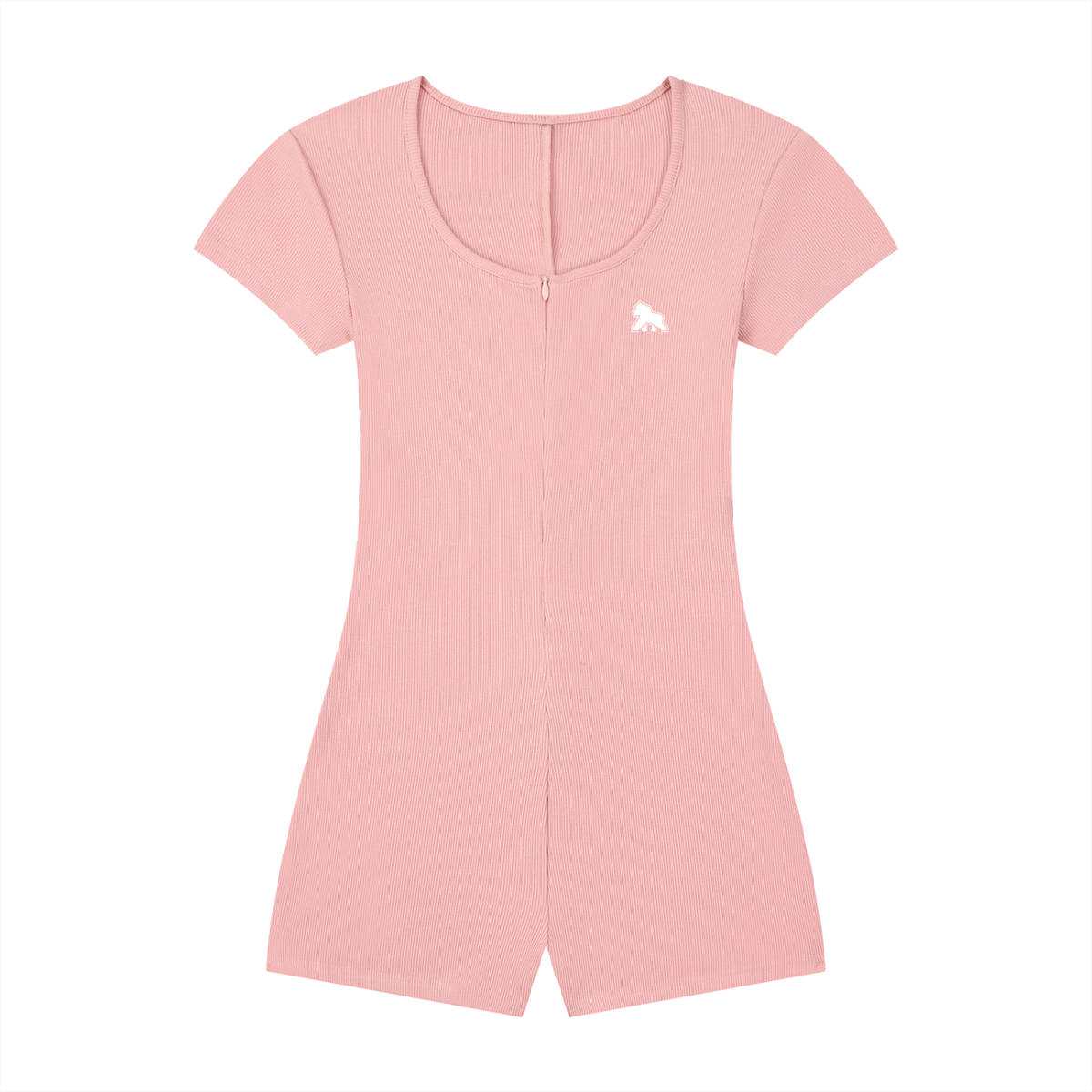 Pink FIT APE fitted short-sleeve romper with scoop neck and white chest gorilla, front view