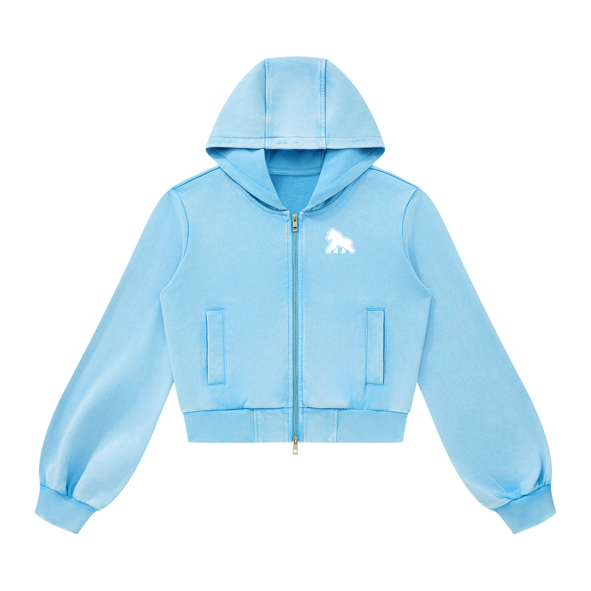 Light blue FIT APE women's vintage-wash zip hoodie with white chest gorilla, front view