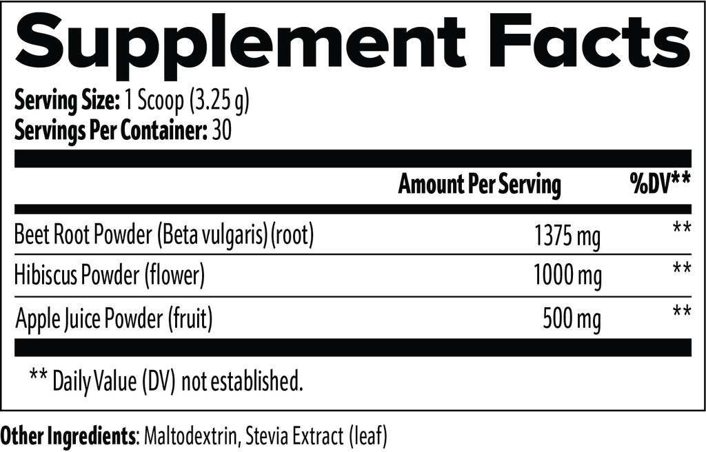Supplement Facts and ingredients label for FIT APE Apple Beetroot Powder